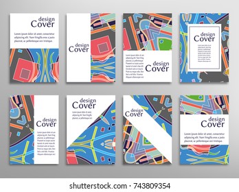 Set of A4 cover, abstract composition. Colorful header design for flyer, book, info banner frame, title sheet. Colored geometric shapes. Modern design. Brochure template layout. Vector illustration