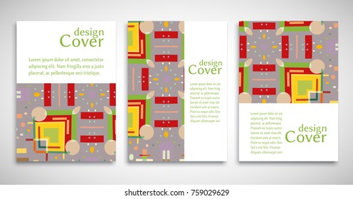 Set of A4 cover, abstract composition. Colorful header design for flyer, book, info banner frame, title sheet. Colored geometric shapes. Modern design. Brochure template layout. Vector illustration