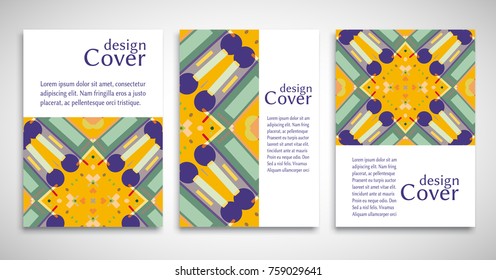 Set of A4 cover, abstract composition. Colorful header design for flyer, book, info banner frame, title sheet. Colored geometric shapes. Modern design. Brochure template layout. Vector illustration