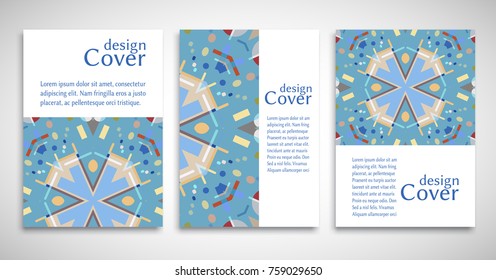 Set of A4 cover, abstract composition. Colorful header design for flyer, book, info banner frame, title sheet. Colored geometric shapes. Modern design. Brochure template layout. Vector illustration