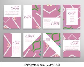 Set of A4 cover, abstract composition. Colorful header design for flyer, book, info banner frame, title sheet. Colored geometric shapes. Modern design. Brochure template layout. Vector illustration