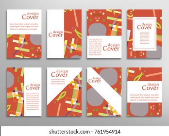 Set of A4 cover, abstract composition. Colorful header design for flyer, book, info banner frame, title sheet. Colored geometric shapes. Modern design. Brochure template layout. Vector illustration