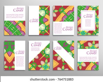 Set of A4 cover, abstract composition. Colorful header design for flyer, book, info banner frame, title sheet. Colored geometric shapes. Modern design. Brochure template layout. Vector illustration