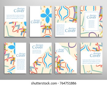 Set of A4 cover, abstract composition. Colorful header design for flyer, book, info banner frame, title sheet. Colored geometric shapes. Modern design. Brochure template layout. Vector illustration