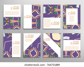 Set of A4 cover, abstract composition. Colorful header design for flyer, book, info banner frame, title sheet. Colored geometric shapes. Modern design. Brochure template layout. Vector illustration