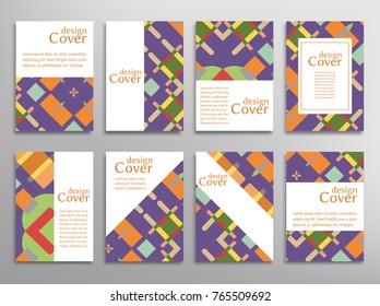 Set of A4 cover, abstract composition. Colorful header design for flyer, book, info banner frame, title sheet. Colored geometric shapes. Modern design. Brochure template layout. Vector illustration