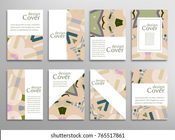 Set of A4 cover, abstract composition. Colorful header design for flyer, book, info banner frame, title sheet. Colored geometric shapes. Modern design. Brochure template layout. Vector illustration