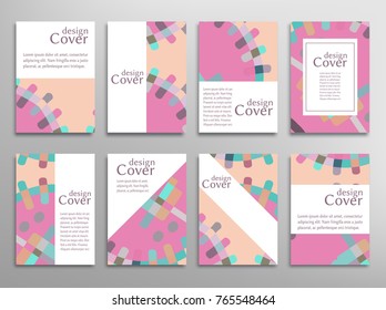 Set of A4 cover, abstract composition. Colorful header design for flyer, book, info banner frame, title sheet. Colored geometric shapes. Modern design. Brochure template layout. Vector illustration