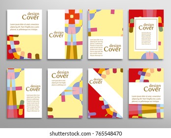Set of A4 cover, abstract composition. Colorful header design for flyer, book, info banner frame, title sheet. Colored geometric shapes. Modern design. Brochure template layout. Vector illustration