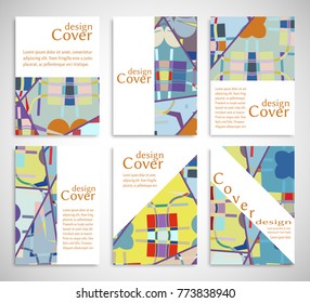 Set of A4 cover, abstract composition. Colorful header design for flyer, book, info banner frame, title sheet. Colored geometric shapes. Modern design. Brochure template layout. Vector illustration