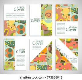 Set of A4 cover, abstract composition. Colorful header design for flyer, book, info banner frame, title sheet. Colored geometric shapes. Modern design. Brochure template layout. Vector illustration