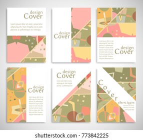 Set of A4 cover, abstract composition. Colorful header design for flyer, book, info banner frame, title sheet. Colored geometric shapes. Modern design. Brochure template layout. Vector illustration
