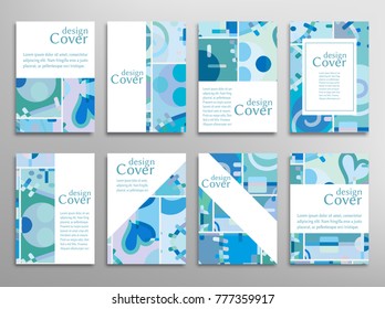 Set of A4 cover, abstract composition. Colorful header design for flyer, book, info banner frame, title sheet. Colored geometric shapes. Modern design. Brochure template layout. Vector illustration