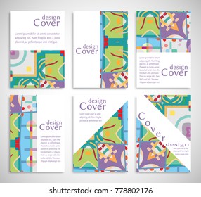 Set of A4 cover, abstract composition. Colorful header design for flyer, book, info banner frame, title sheet. Colored geometric shapes. Modern design. Brochure template layout. Vector illustration