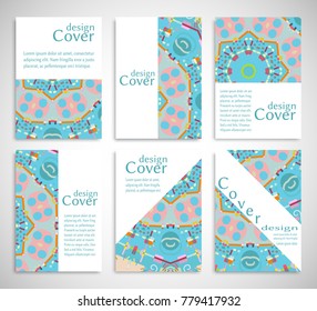 Set of A4 cover, abstract composition. Colorful header design for flyer, book, info banner frame, title sheet. Colored geometric shapes. Modern design. Brochure template layout. Vector illustration