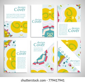 Set of A4 cover, abstract composition. Colorful header design for flyer, book, info banner frame, title sheet. Colored geometric shapes. Modern design. Brochure template layout. Vector illustration