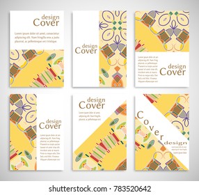 Set of A4 cover, abstract composition. Colorful header design for flyer, book, info banner frame, title sheet. Colored geometric shapes. Modern design. Brochure template layout. Vector illustration