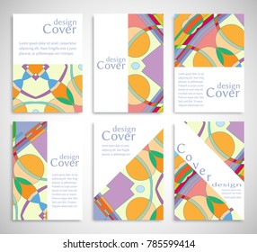 Set of A4 cover, abstract composition. Colorful header design for flyer, book, info banner frame, title sheet. Colored geometric shapes. Modern design. Brochure template layout. Vector illustration