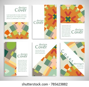 Set of A4 cover, abstract composition. Colorful header design for flyer, book, info banner frame, title sheet. Colored geometric shapes. Modern design. Brochure template layout. Vector illustration