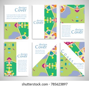 Set of A4 cover, abstract composition. Colorful header design for flyer, book, info banner frame, title sheet. Colored geometric shapes. Modern design. Brochure template layout. Vector illustration