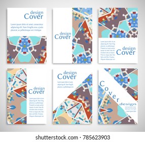 Set of A4 cover, abstract composition. Colorful header design for flyer, book, info banner frame, title sheet. Colored geometric shapes. Modern design. Brochure template layout. Vector illustration