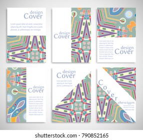 Set of A4 cover, abstract composition. Colorful header design for flyer, book, info banner frame, title sheet. Colored geometric shapes. Modern design. Brochure template layout. Vector illustration