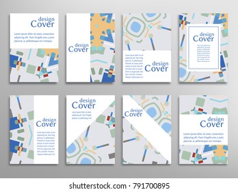 Set of A4 cover, abstract composition. Colorful header design for flyer, book, info banner frame, title sheet. Colored geometric shapes. Modern design. Brochure template layout. Vector illustration