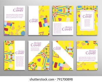 Set of A4 cover, abstract composition. Colorful header design for flyer, book, info banner frame, title sheet. Colored geometric shapes. Modern design. Brochure template layout. Vector illustration