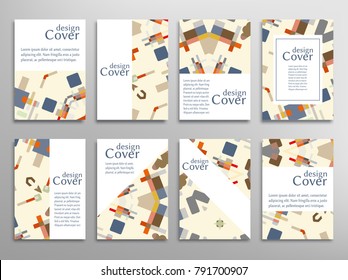 Set of A4 cover, abstract composition. Colorful header design for flyer, book, info banner frame, title sheet. Colored geometric shapes. Modern design. Brochure template layout. Vector illustration