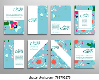 Set of A4 cover, abstract composition. Colorful header design for flyer, book, info banner frame, title sheet. Colored geometric shapes. Modern design. Brochure template layout. Vector illustration