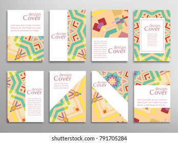 Set of A4 cover, abstract composition. Colorful header design for flyer, book, info banner frame, title sheet. Colored geometric shapes. Modern design. Brochure template layout. Vector illustration