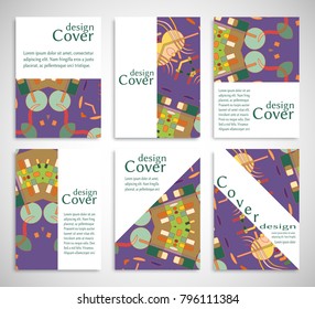Set of A4 cover, abstract composition. Colorful header design for flyer, book, info banner frame, title sheet. Colored geometric shapes. Modern design. Brochure template layout. Vector illustration