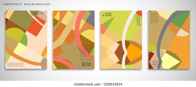 Set of A4 cover, abstract geometric composition. Colorful header design for flyer, book, info banner frame, title sheet. Colored geometric shapes. Modern design. Brochure template layout. Vector illustration