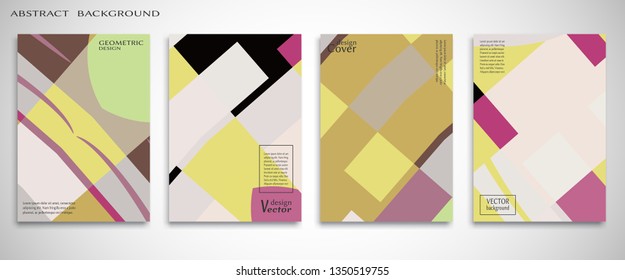 Set of A4 cover, abstract geometric composition. Colorful header design for flyer, book, info banner frame, title sheet. Colored geometric shapes. Modern design. Brochure template layout. Vector illustration