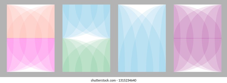 Set of A4 covers with abstract shapes. Template for books, cards, banners, posters. Minimalistic design with fluid gradients. Light shades palette.