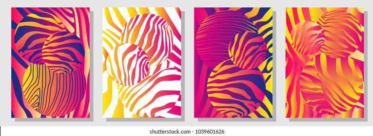 Set of A4 covers with expressive circles with zebra pattern. Template for cards, banners, posters. New minimalism design. Expressive stripped animal print. Red, yellow, purple, white.
