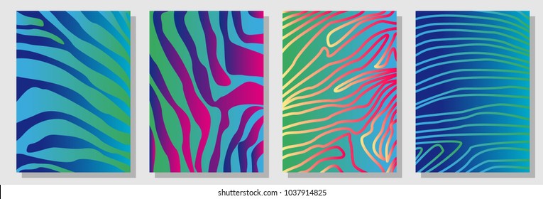 Set of A4 covers with expressive zebra pattern. Template for cards, banners, posters. New minimalism design. Expressive stripped animal print. Blue, red, green.