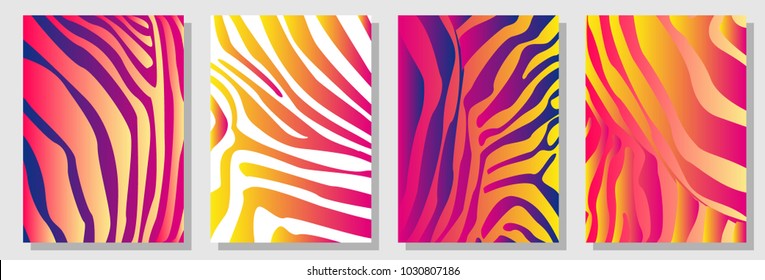 Set of A4 covers with zebra pattern. Template for cards, banners, posters. New minimalism design. Expressive stripped animal print. Red, yellow, white.