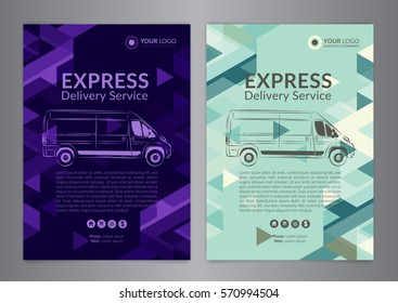 Set A4 Express delivery service brochure flyer design layout template. Delivery van magazine cover, mockup flyer. Vector illustration.