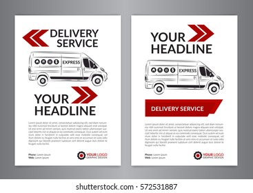 Set A4 Express delivery service brochure flyer design layout template. Delivery van magazine cover, mockup flyer. Vector illustration.