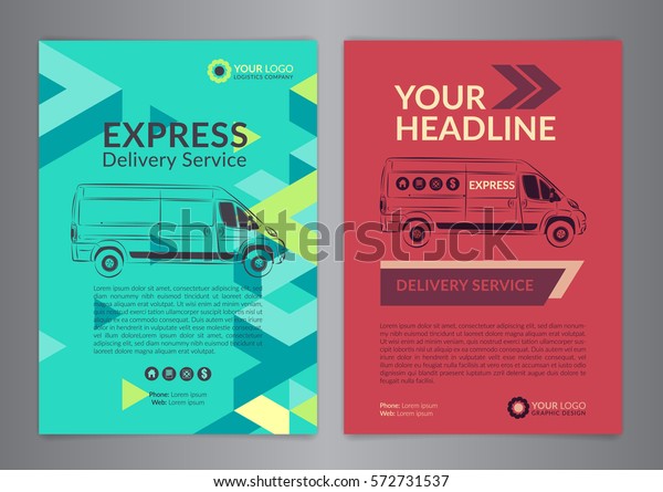 Set A4 Express delivery service brochure\
flyer design layout template. Delivery van magazine cover, mockup\
flyer. Vector\
illustration.