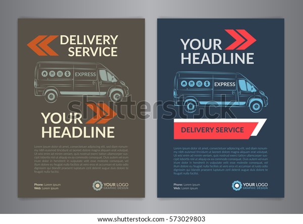 Set A4 Express delivery service brochure\
flyer design layout template. Delivery van magazine cover, mockup\
flyer. Vector\
illustration.
