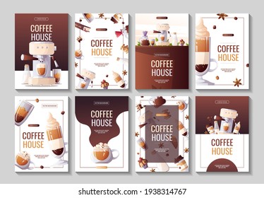 Set of a4 flyters for Coffee shop, Coffee house, cafe-bar, barista, drink. Vector illustration for poster, banner, flyer, advertising, commercial, promo, menu. 