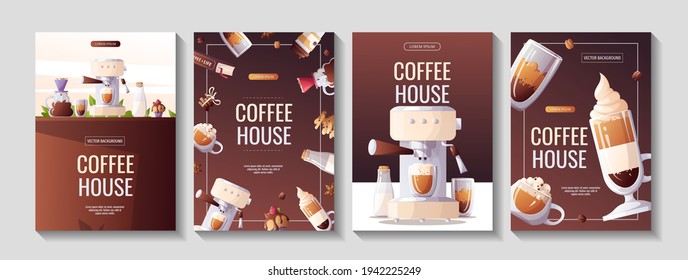 Set of a4 flyters for Coffee shop, Coffee house, cafe-bar, barista, drink. Vector illustration for poster, banner, flyer, advertising, commercial, promo, menu. 