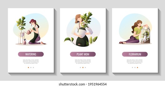 Set Of A4 Flyters For Houseplants Store, Greenhouse, Florarium, Home Garden, Gardening, Plant Lover. Vector Illustration For Poster, Banner, Flyer, Advertising, Commercial, Promo. 