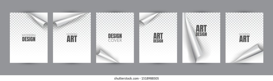 Set of A4 format sheets with curved corners. Vector overlay illustration. Templates with shadows. Foil. Glossy business paper. Eps 10. Graphic elements for design. Flipping page set.