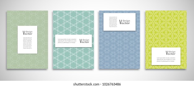 Set of a4 line backgrounds with ornament in arabian style. Colorful cover header design for flyer, book, info banner frame, title sheet. Lace pattern pages collection. Brochure template layout