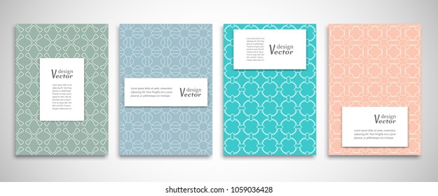 Set of a4 line backgrounds with ornament in arabian style. Colorful cover header design for flyer, book, info banner frame, title sheet. Lace pattern pages collection. Brochure template layout