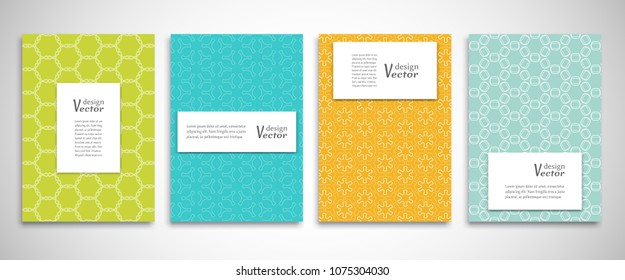 Set of a4 line backgrounds with ornament in arabian style. Colorful cover header design for flyer, book, info banner frame, title sheet. Lace pattern pages collection. Brochure template layout