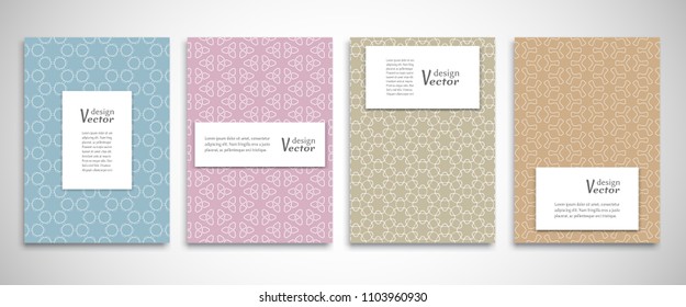Set of a4 line backgrounds with ornament in arabian style. Colorful cover header design for flyer, book, info banner frame, title sheet. Lace pattern pages collection. Brochure template layout